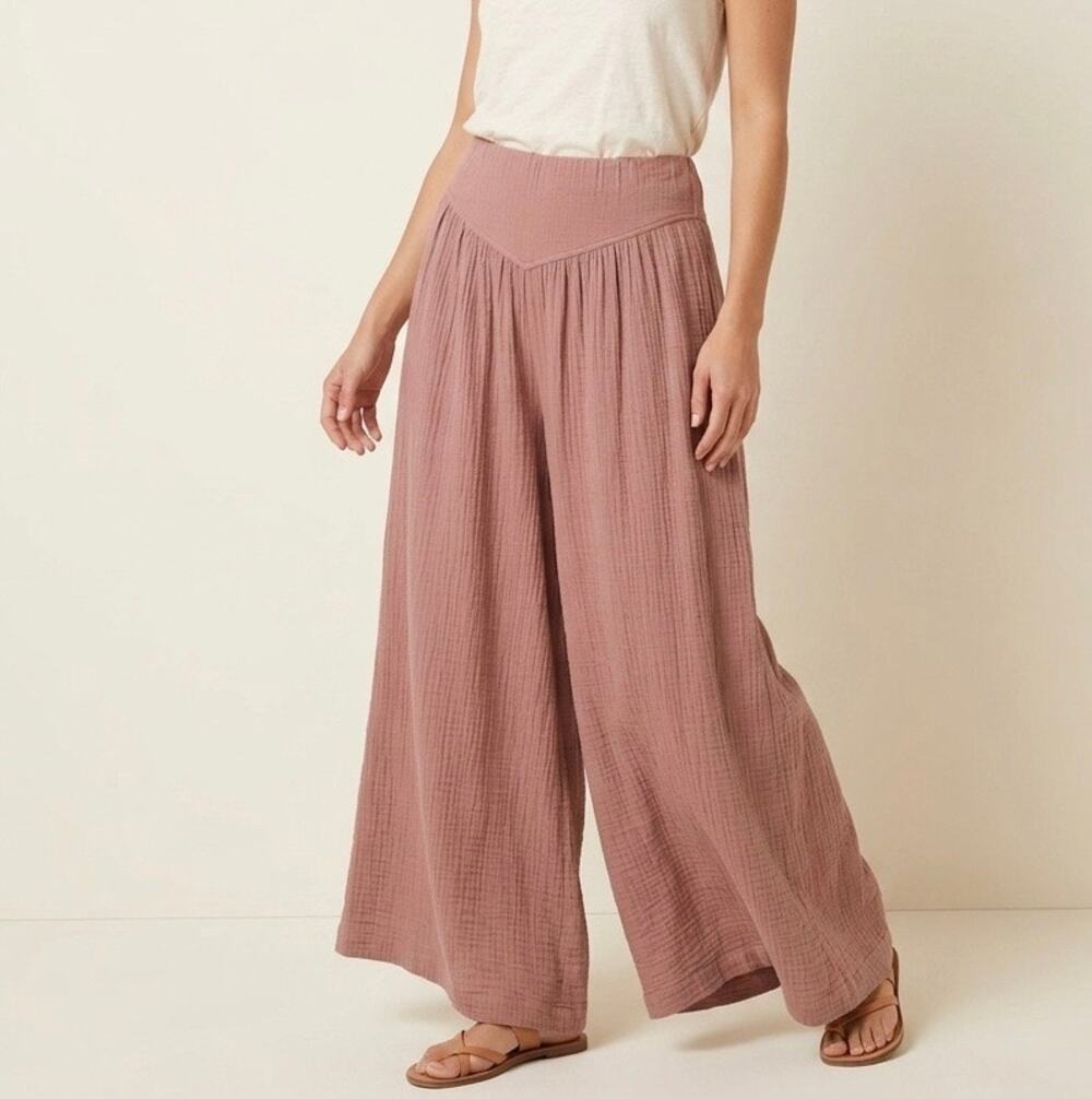 Ces Femme Gauze Wide Leg Pants Small 100% Cotton Mauve Brown Boho Made in USA